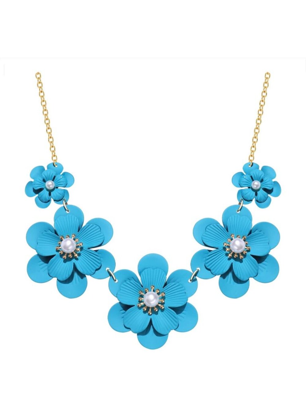 Women's Lake Blue Flower Matte Enamel Pearl Charm Choker Statement Necklace